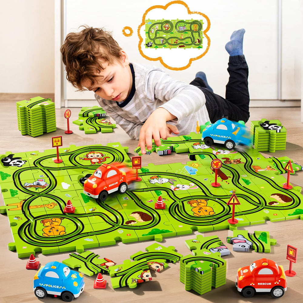 Beby Buty puzzle track car set easy assembly and compact storage.