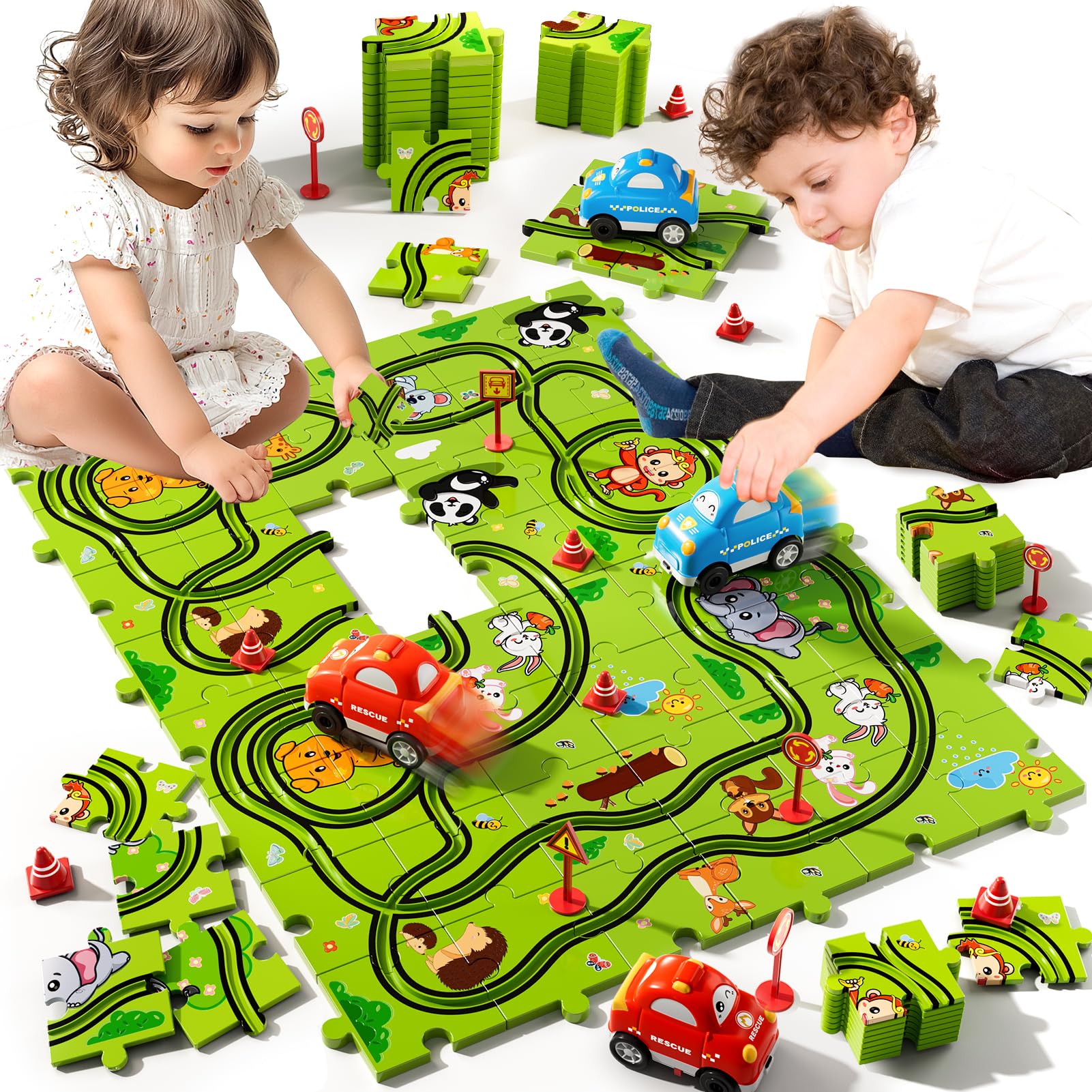 Beby Buty puzzle track car set pieces enable open-ended racetrack creativity.