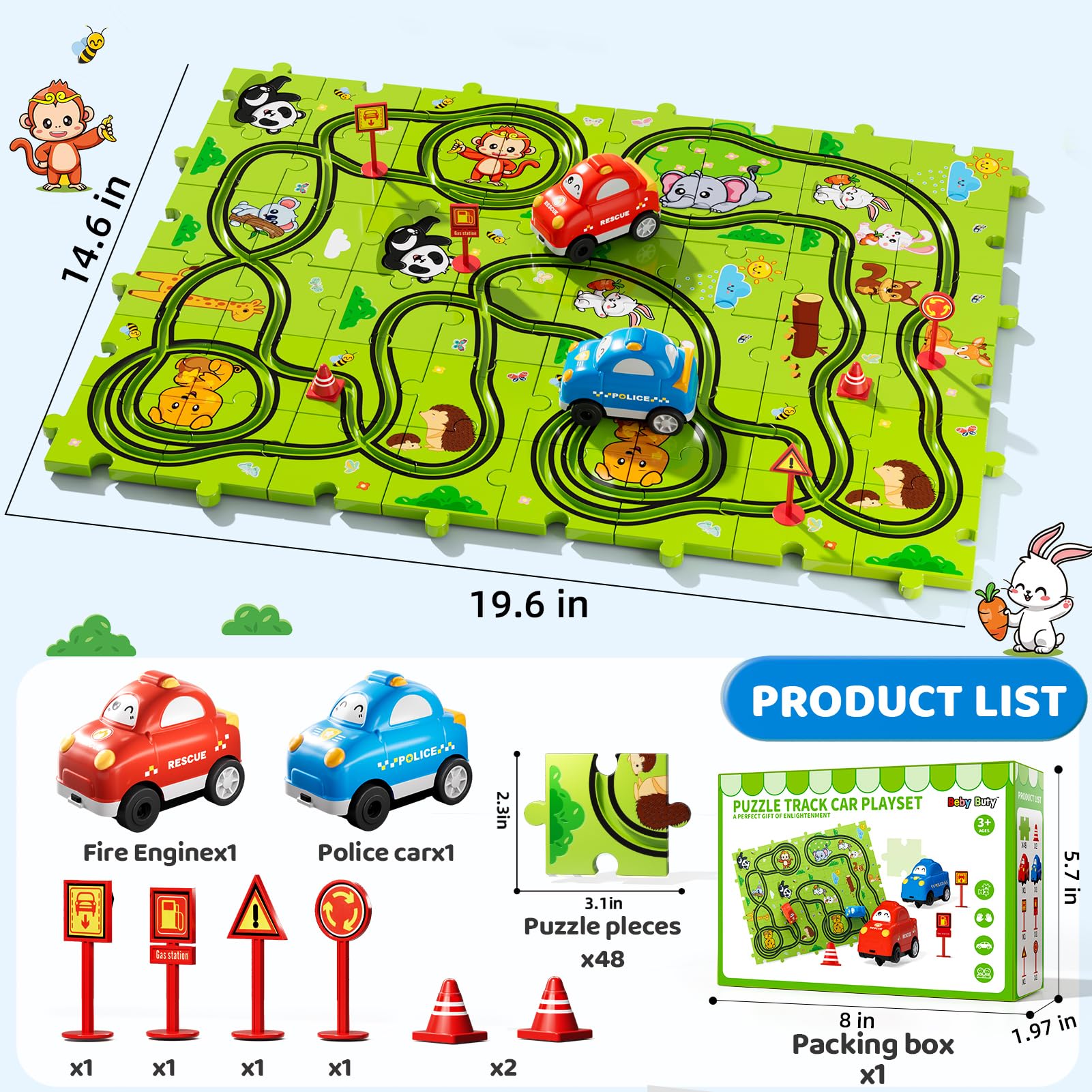 Beby Buty puzzle track car set includes red and blue cars for lively play.