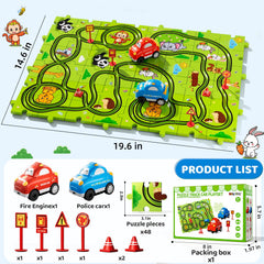 Beby Buty puzzle track car set includes red and blue cars for lively play.