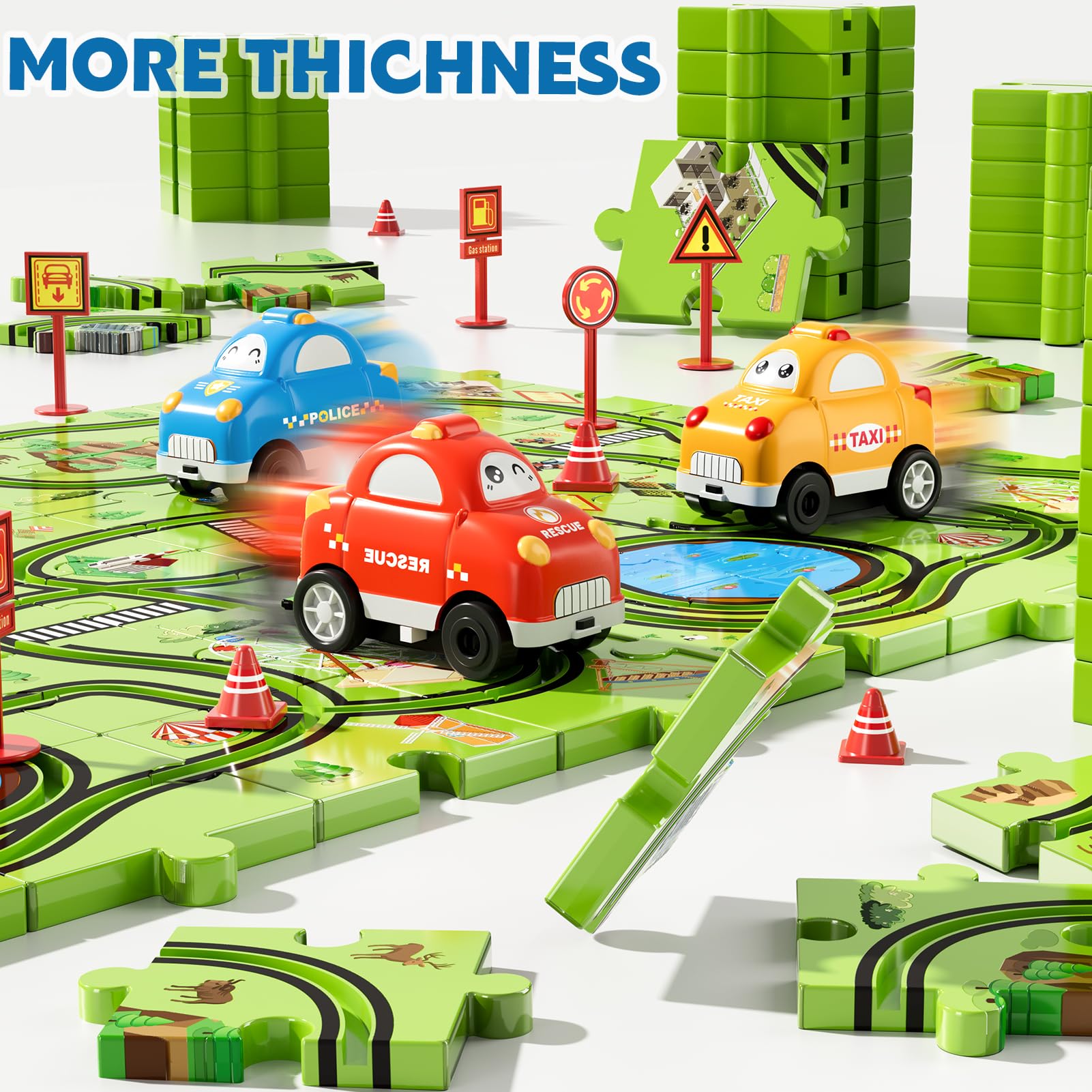 Beby Buty three cars glide along tracks for smooth, engaging play.