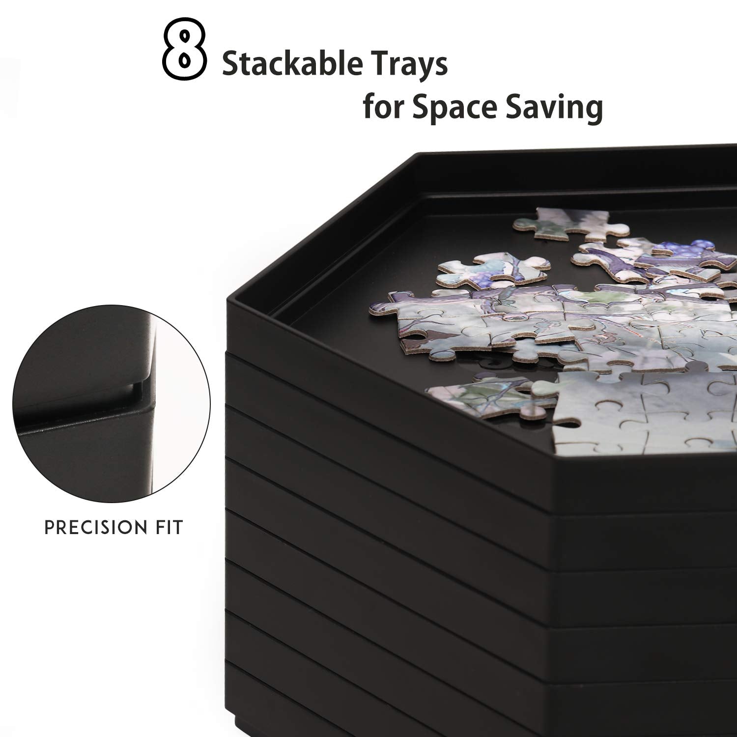 Becko US black puzzle trays arranged for color-based sorting during sessions.