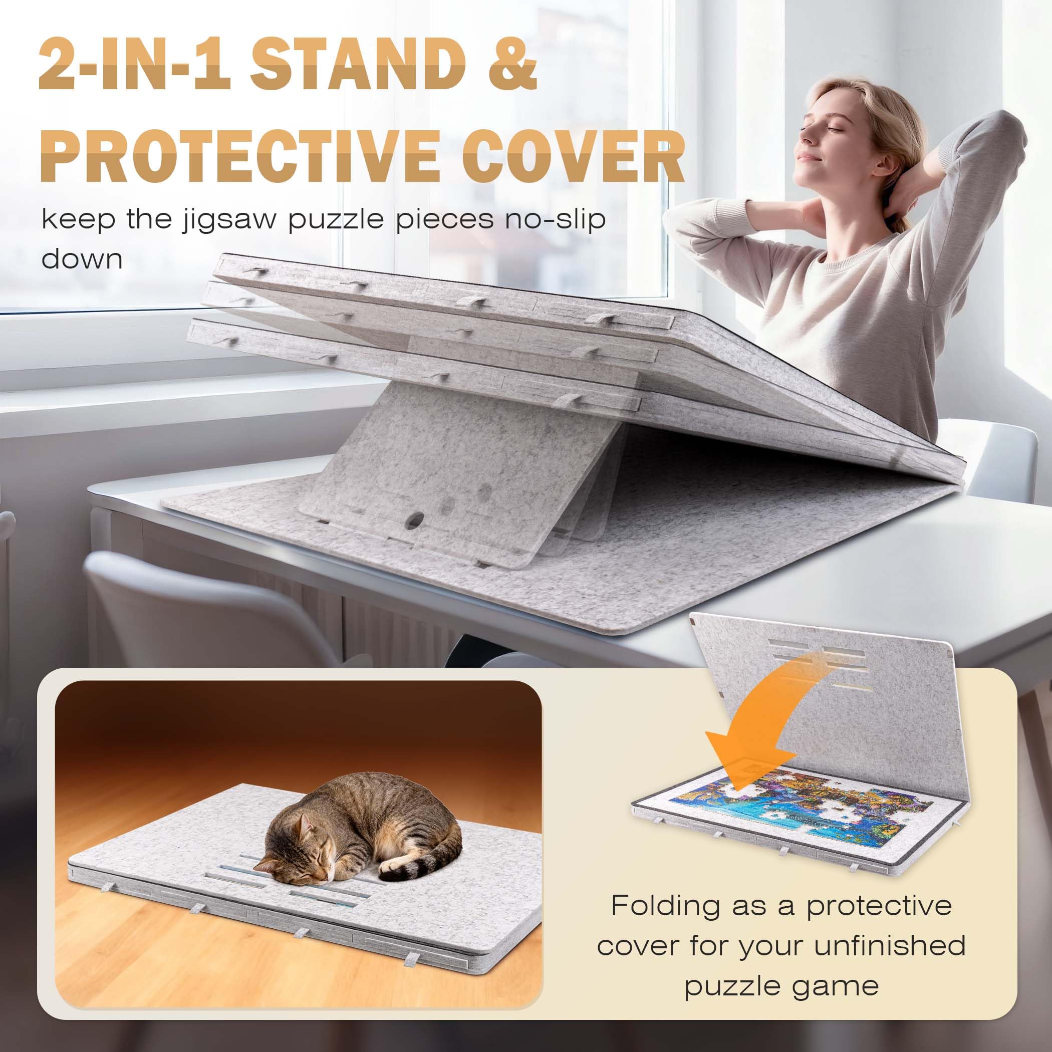 Becko US puzzle board shown in compact storage mode under a sofa