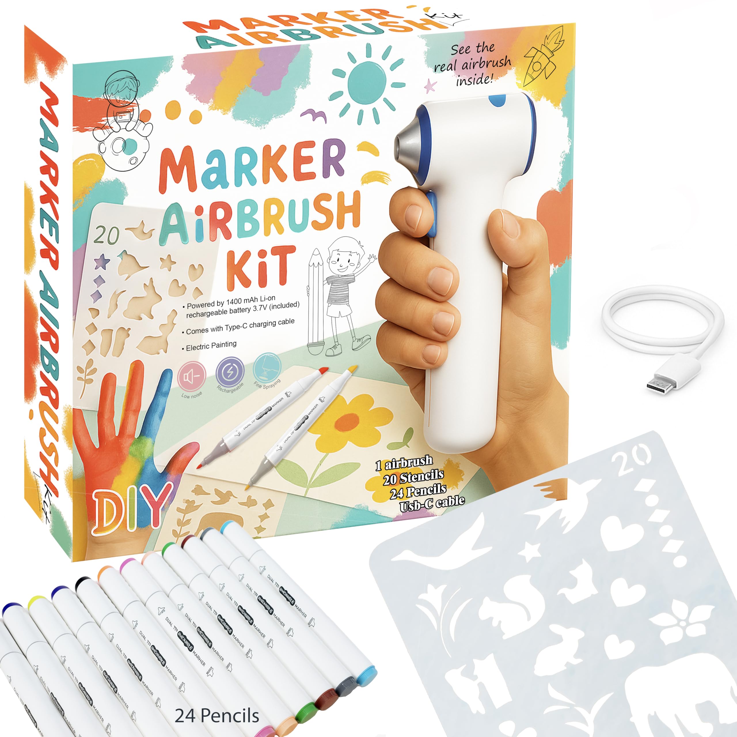 BECUSSITTA airbrush marker sprayer kit for kids, easy cordless setup for mess-free art.