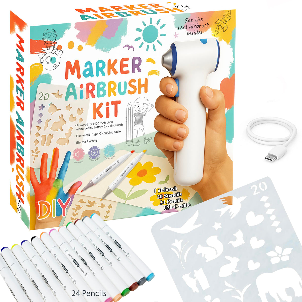 BECUSSITTA airbrush marker sprayer kit for kids, easy cordless setup for mess-free art.