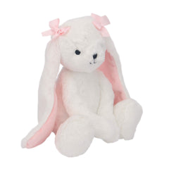 Snowflake bunny close-up shows pink bows and soft fur for tactile play.