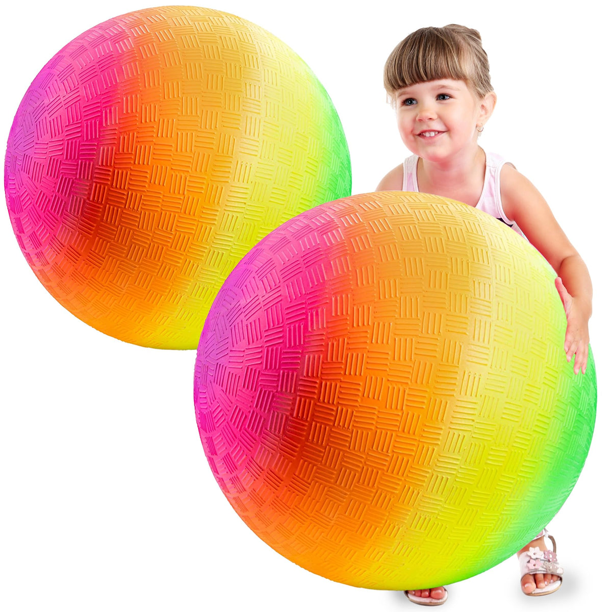 Bedwina 18-inch rainbow playground ball deflated and ready to inflate for backyard fun.