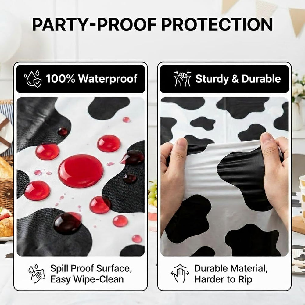 Bedwina cow-pattern tablecloth ideal for farm-themed parties and easy cleanup.