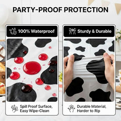Bedwina cow-pattern tablecloth ideal for farm-themed parties and easy cleanup.