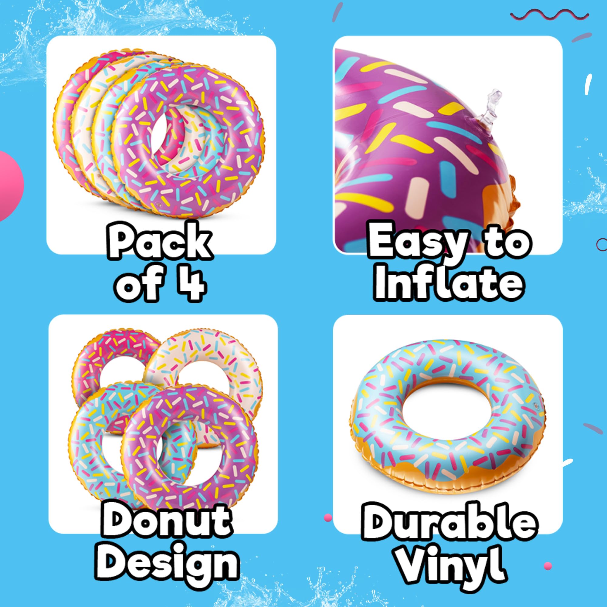 Bedwina inflatable donut pool float in blue with sprinkles, ideal for kids ages 2-6.