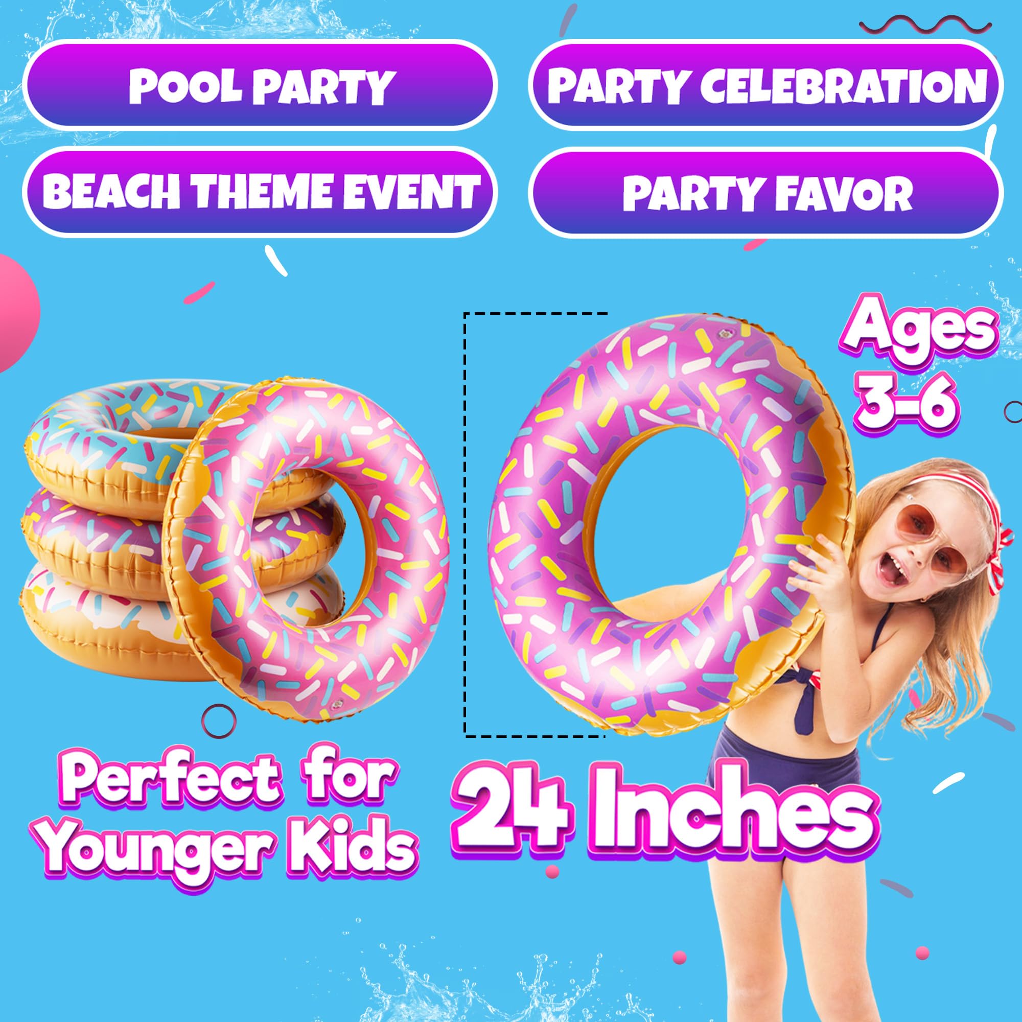 Bedwina inflatable donut pool float in purple with sprinkles, perfect as a sunny day water prop.