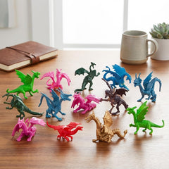 Bedwina dragon party favors and pinatas brighten gift bags with colorful figurines.
