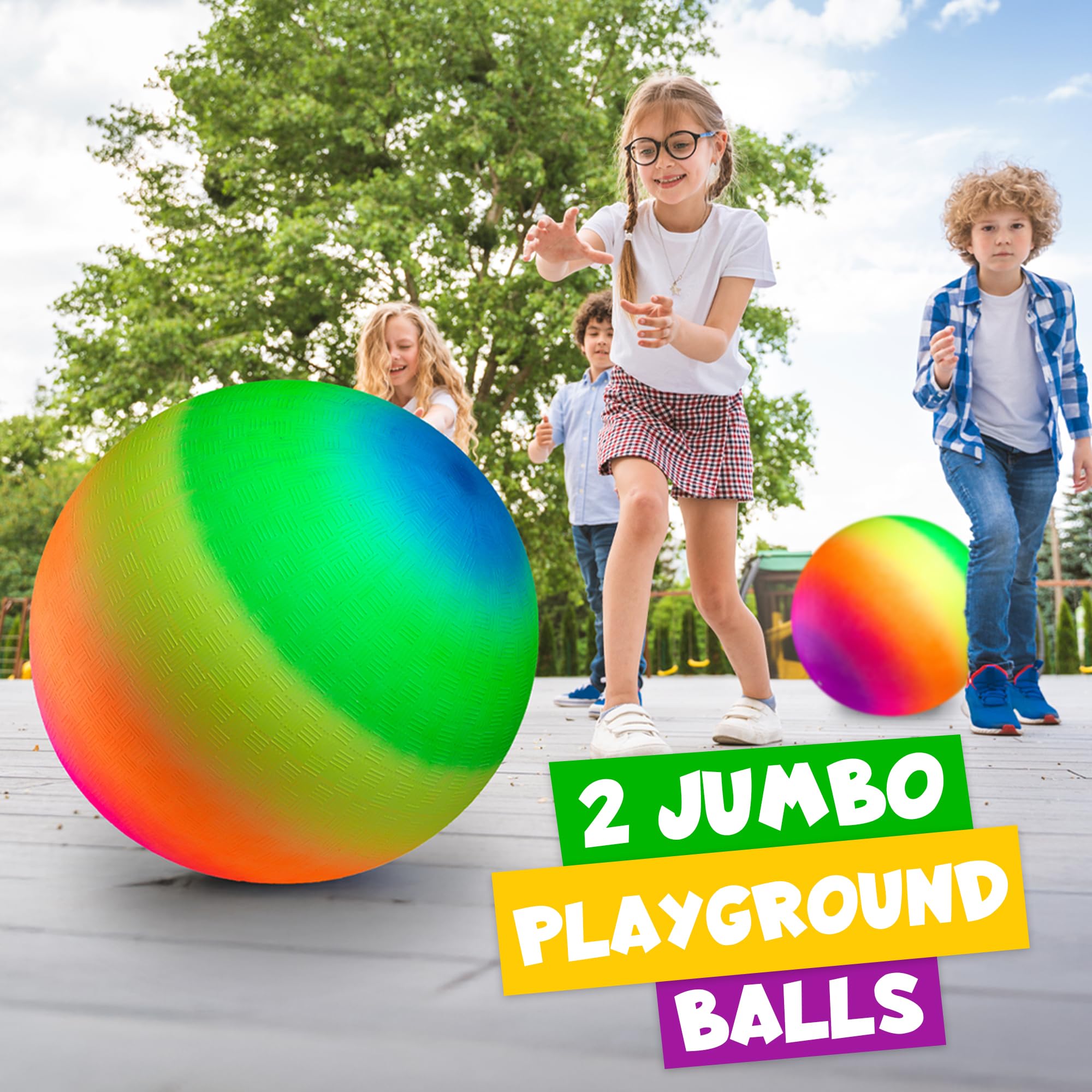 Bedwina rainbow ball with hand pump enables quick inflation for outdoor play.