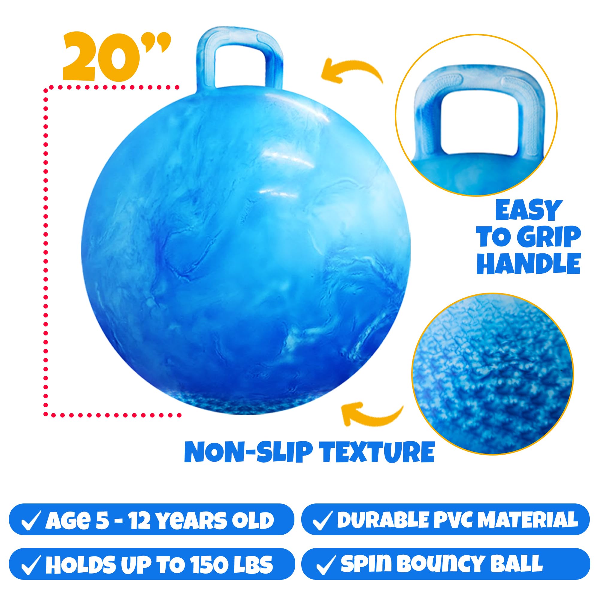 Bedwina hopper ball handle close-up showing easy grip during bouncing.