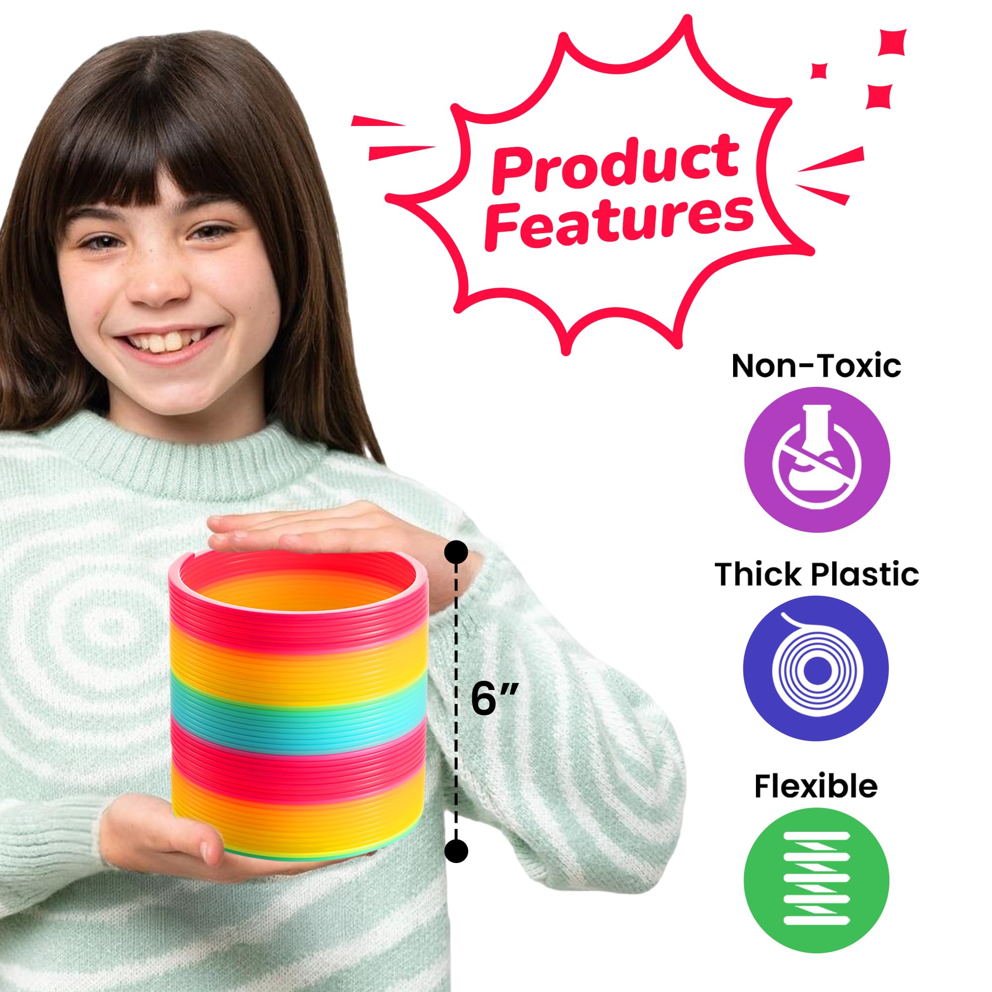 Bedwina jumbo rainbow spring coil close-up shows durable non-toxic plastic.