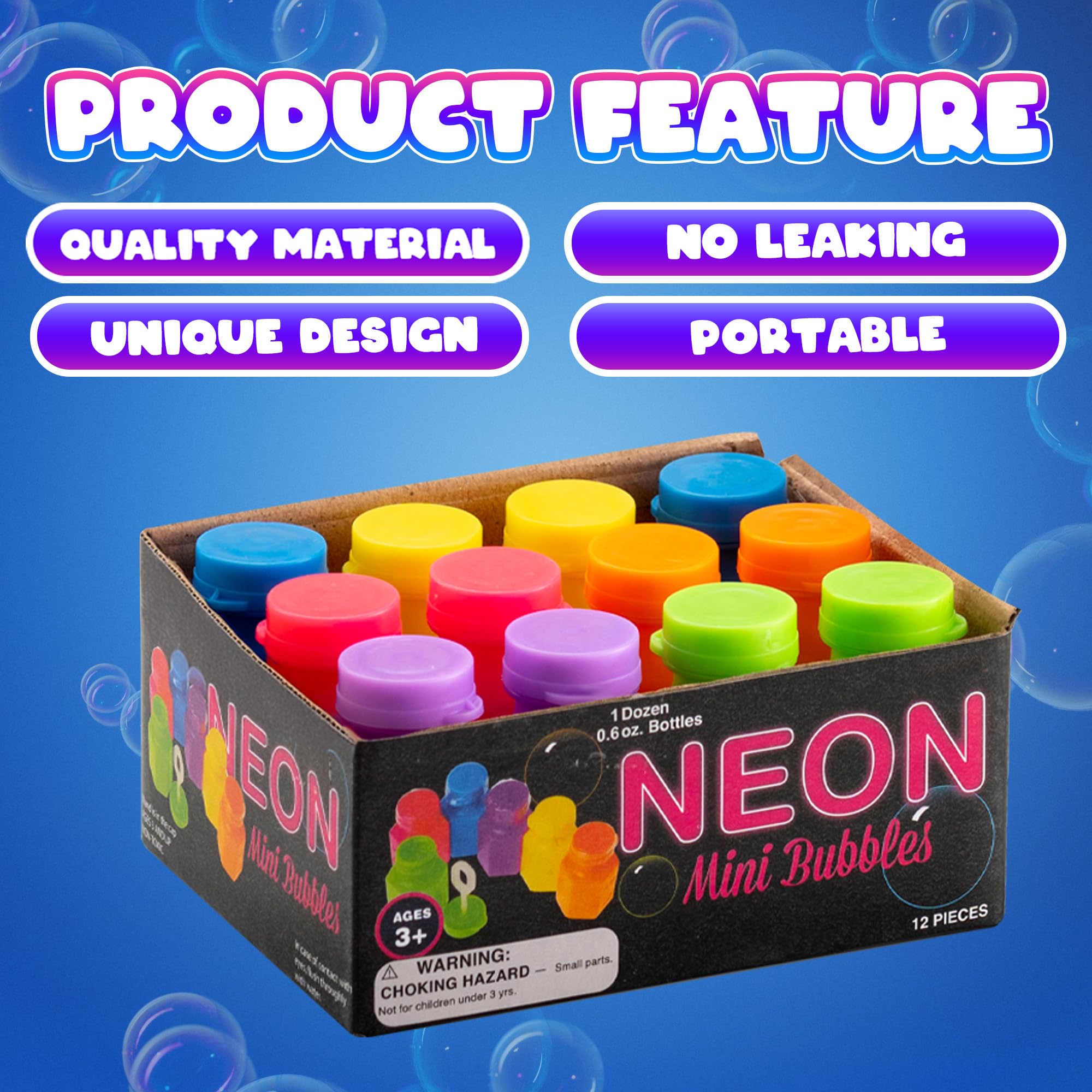 Bedwina mini neon bubbles come in zero-point-six-ounce bottles for portable fun.