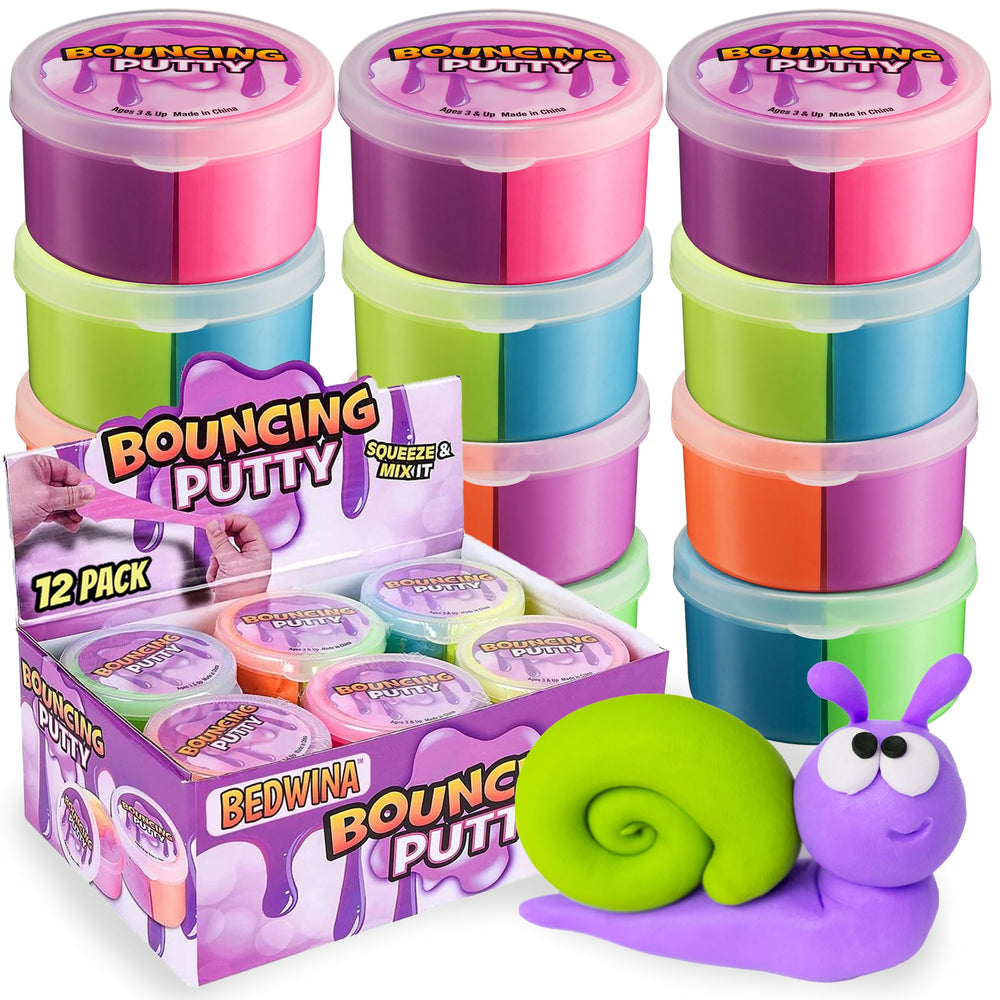 Bedwina Neon Bouncing Putty 12-pack shows vibrant dual-color containers for party favors.