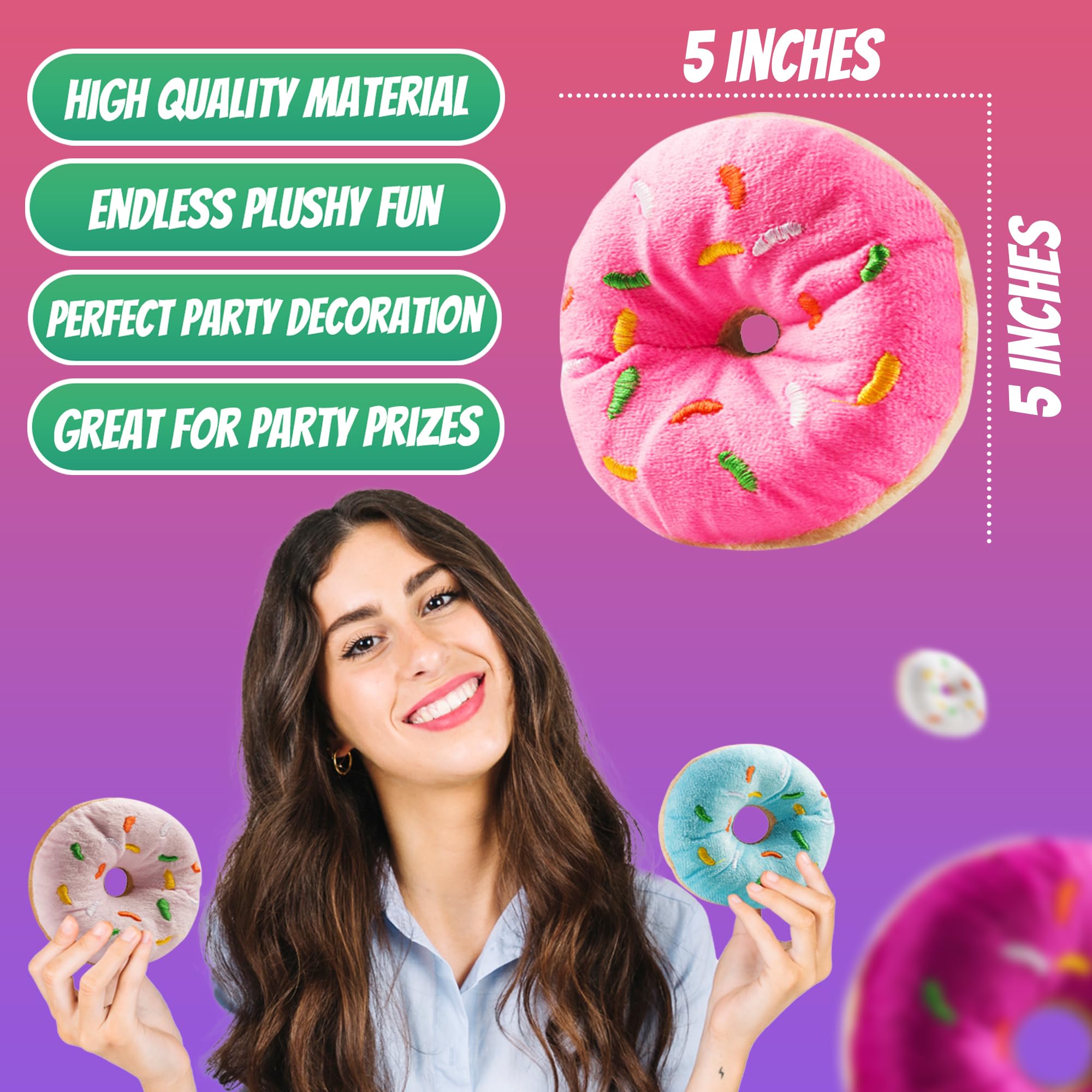 Bedwina plush donut toy in brown sprinkles; eye-catching donut party decor.