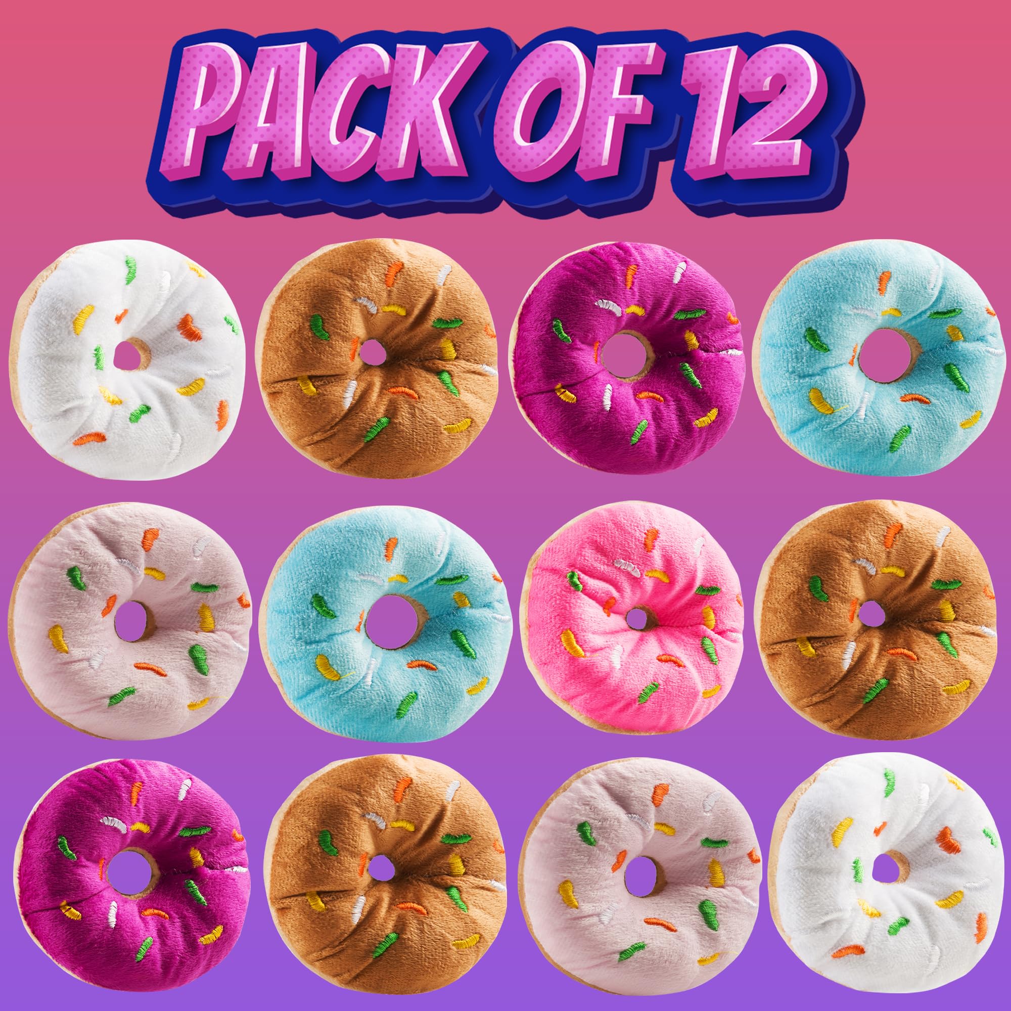 Bedwina 12-pack plush donuts with sprinkles, safe, kid-friendly toy assortment.