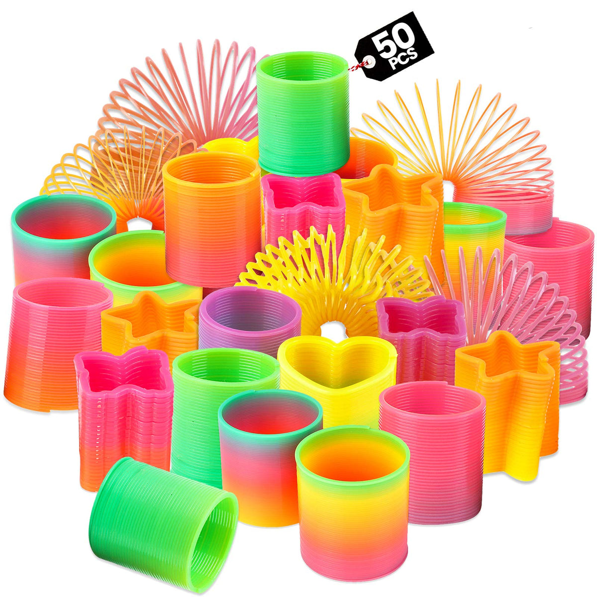 Bedwina Rainbow Spring Toy Assortment: 50 colorful coils in assorted shapes.