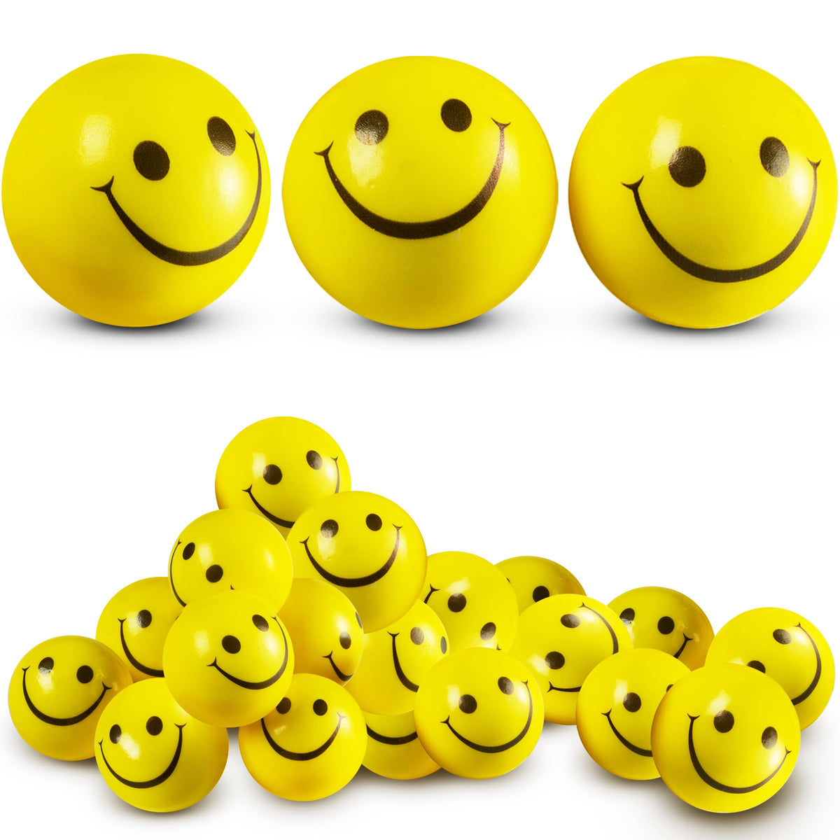 Bedwina smile-face stress balls 24-pack, 2-inch yellow for mood boosts and focus.