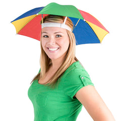 Bedwina umbrella hat colorful rainbow design shields sun with vibrant style for outdoor events.