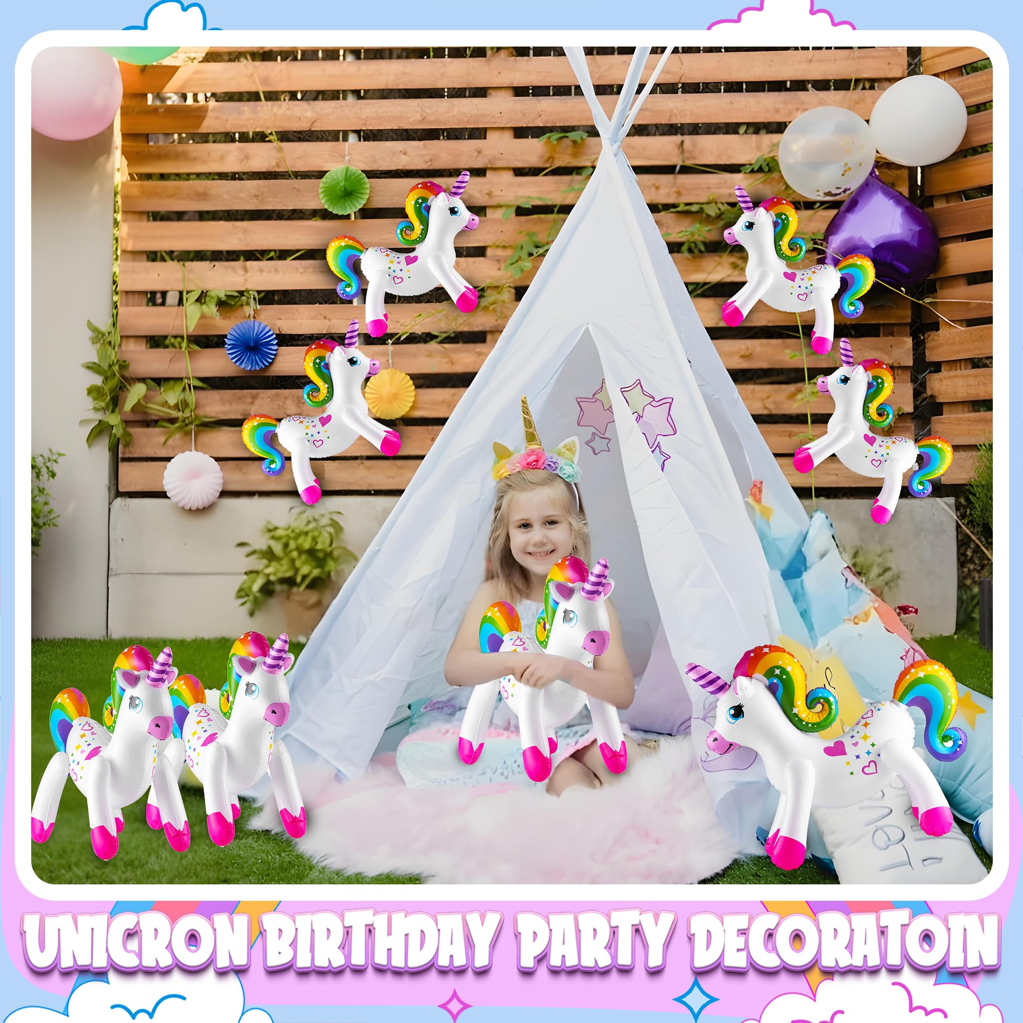 Bedwina unicorn with rainbow mane serves as bright pool party centerpiece.