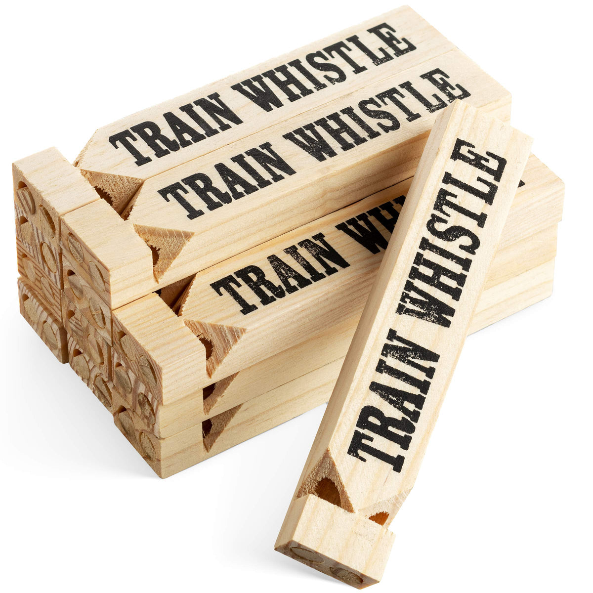 Bedwina wooden train whistle 12-pack close-up on natural wood, ideal for pretend play
