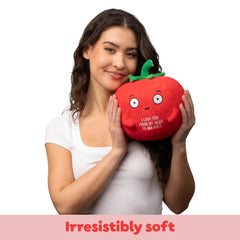 Bee! Tender Tomato plushie in arms ready for bedtime snuggles.