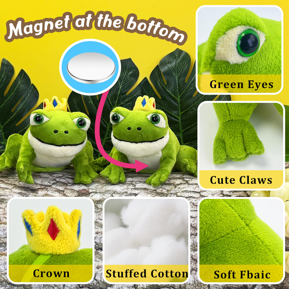 Beeadore frog plush attaches to clothing with a magnet for easy shoulder display.
