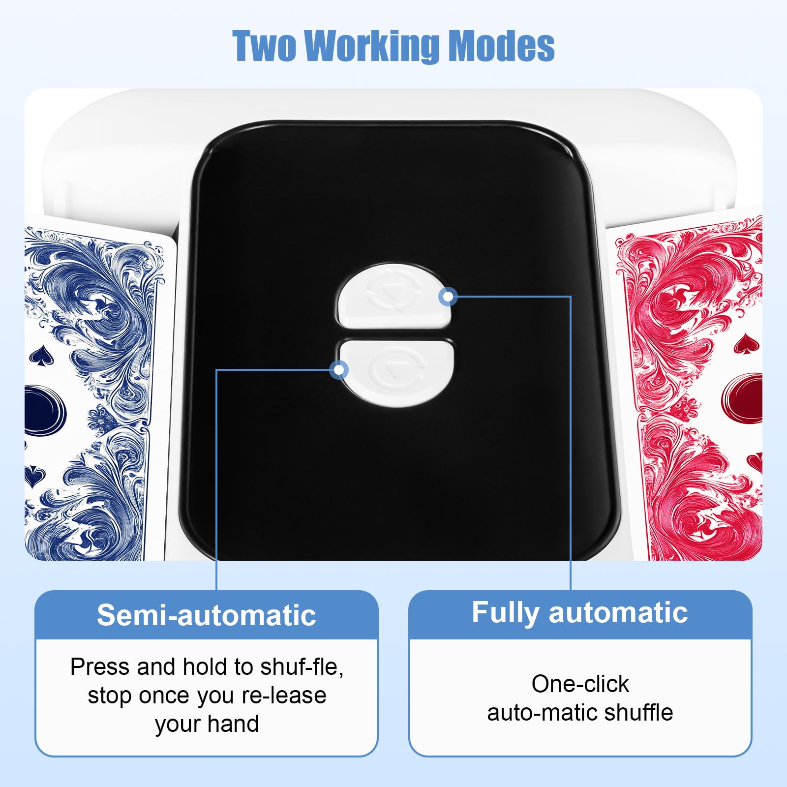 BEE&FLOWER Card Shuffler battery view highlighting rechargeable power for cordless play.