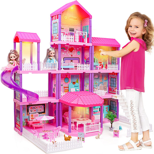 Beefunni doll house exterior with four stories inviting imaginative play.