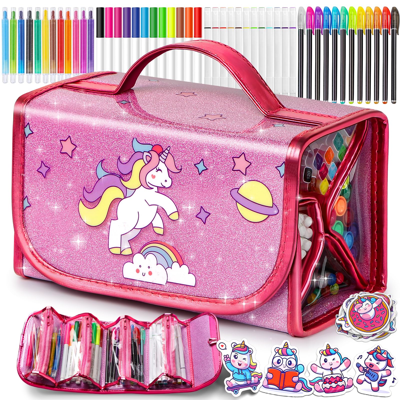 Beefunni Unicorn Washable Markers set of 48 with pencil case for organized travel coloring