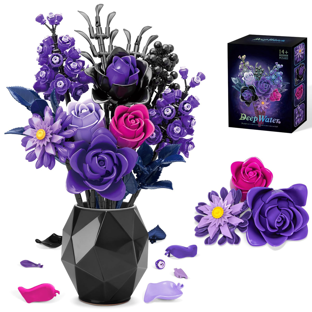 BeepZipp artificial flower bouquet black purple front view for lasting decor