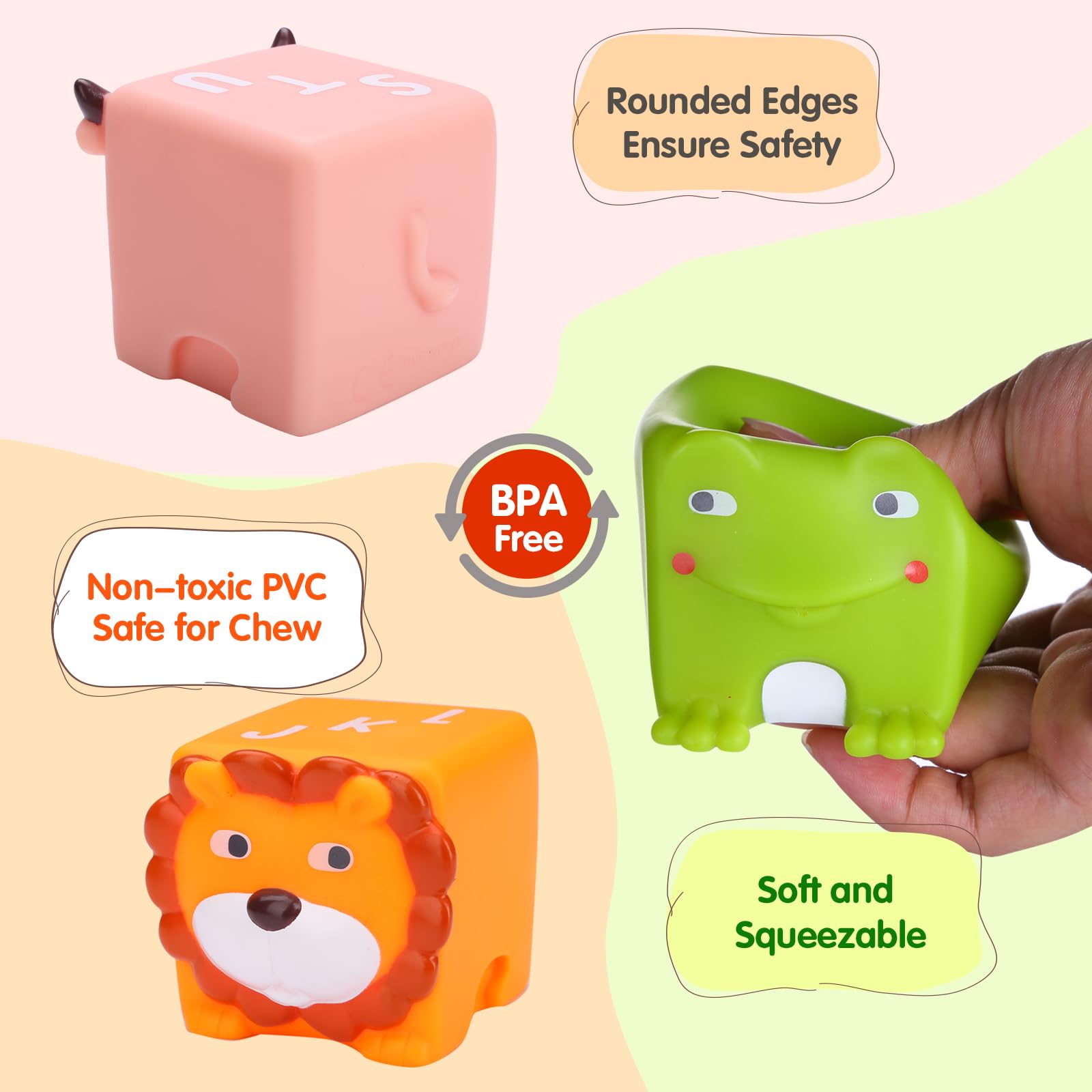 Beeqoo Soft Blocks support learning colors, letters, and numbers.