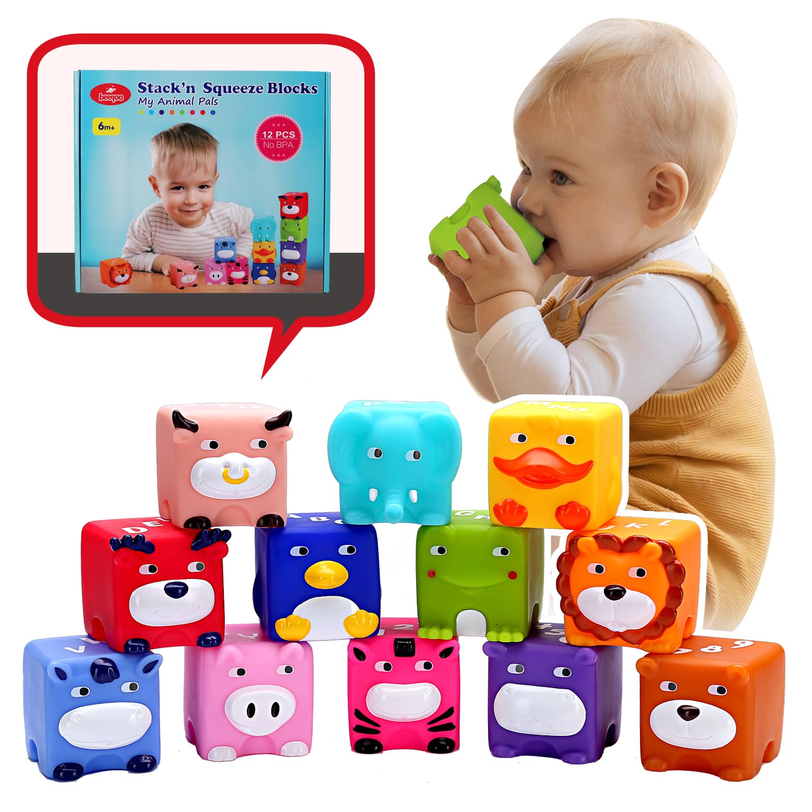 Beeqoo Soft Baby Blocks No-Hole Design for safe teething and easy cleaning.