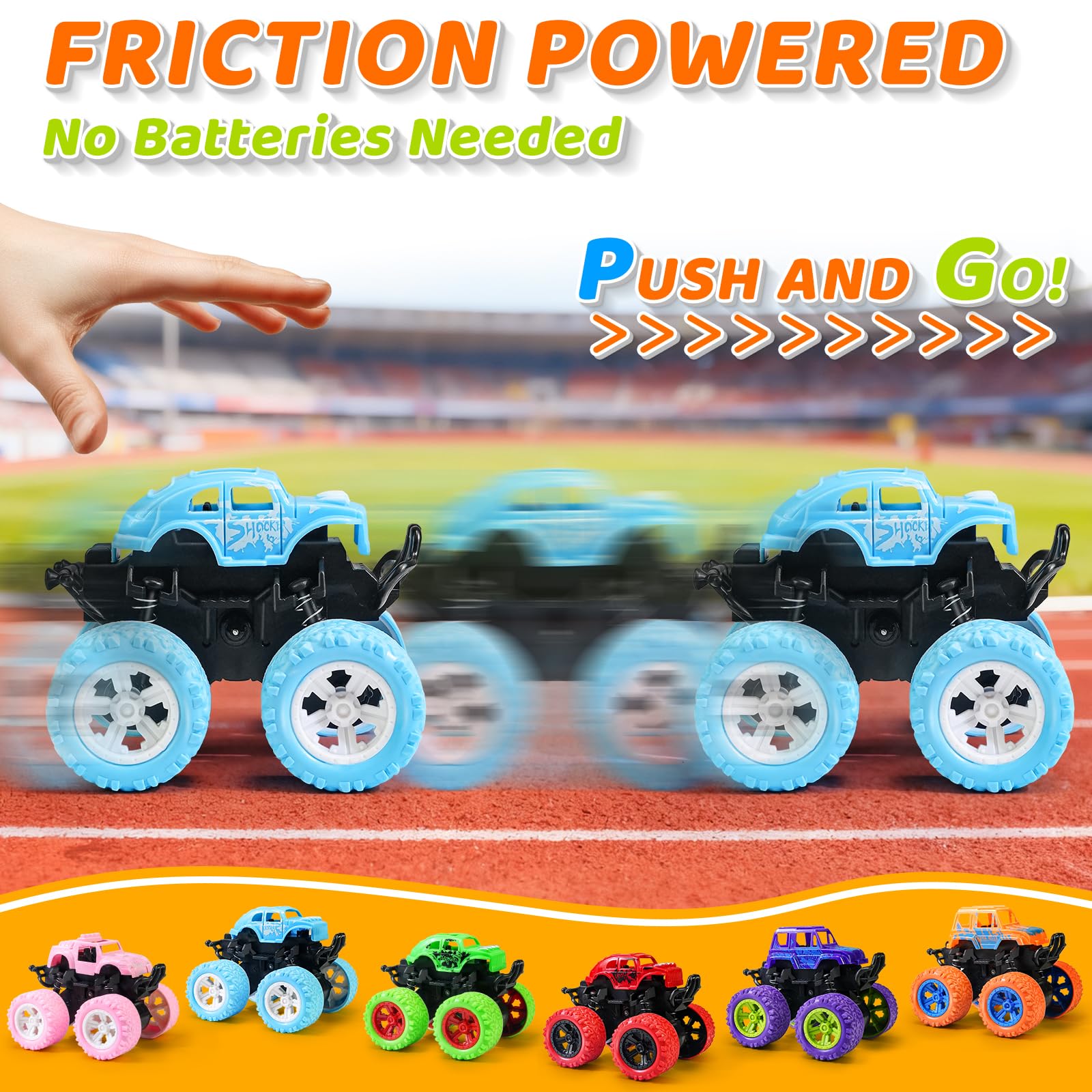 Beestech friction-powered monster truck in action with a long push distance.