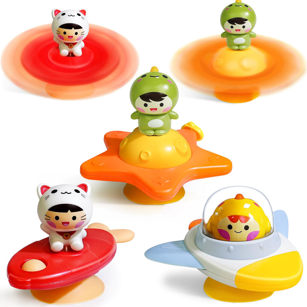 Beestech suction cup spinner toy on a high chair tray, perfect for focused toddler play.