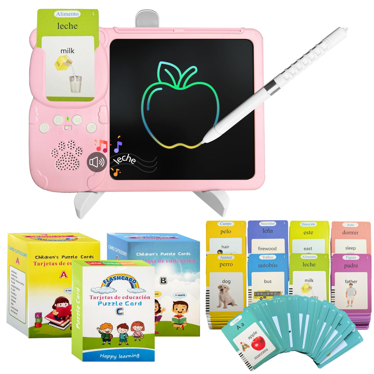 Beetifulie talking flash cards with tablet in use for bilingual learning.