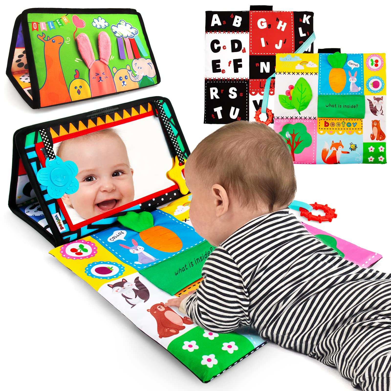 Beetoy high-contrast baby mirror face view supports visual focus during play.
