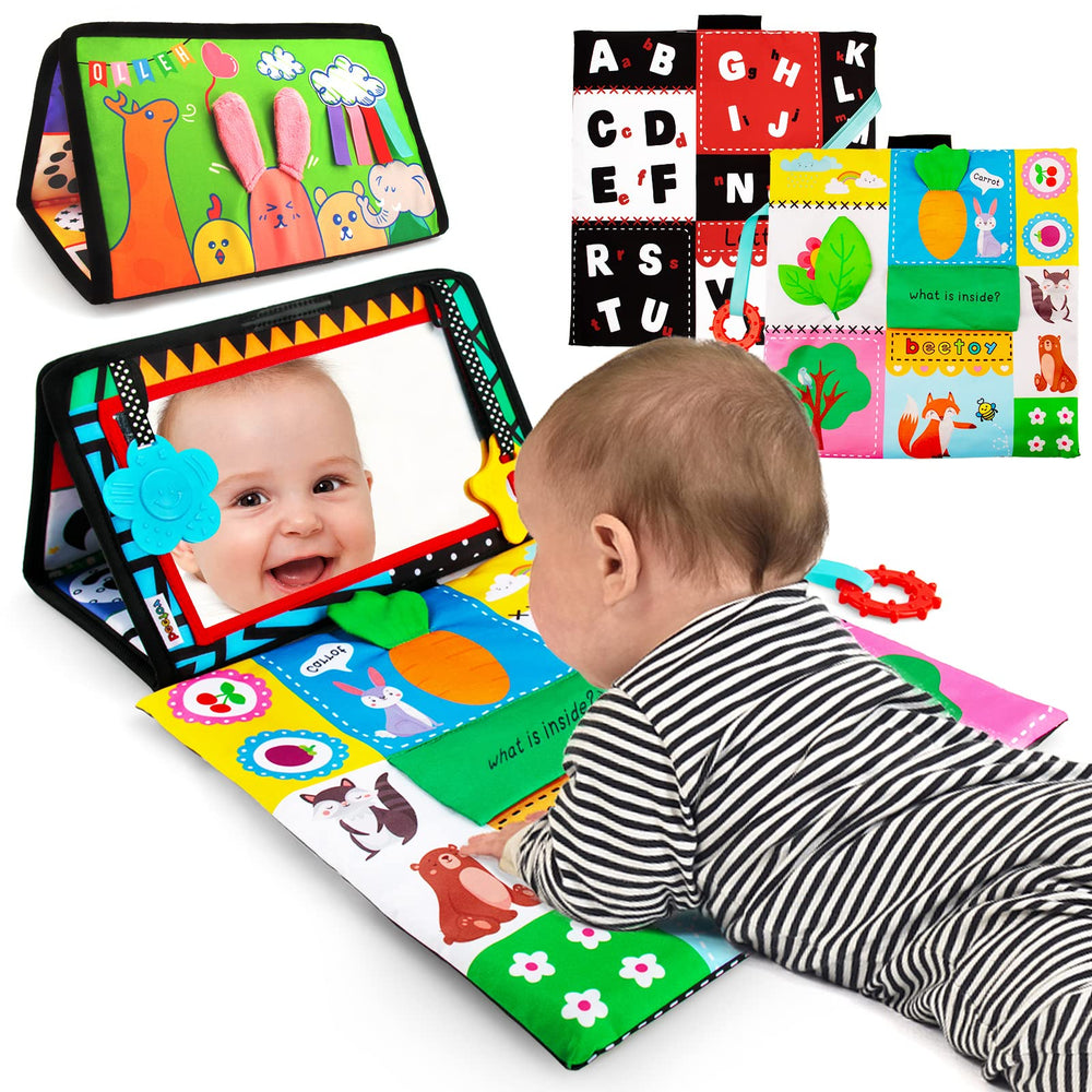 Beetoy high-contrast baby mirror face view supports visual focus during play.