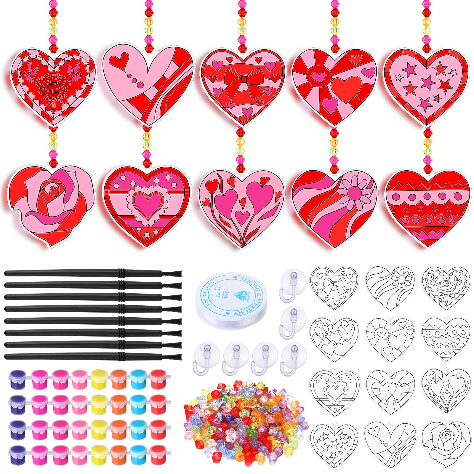 Beeveer Valentines heart suncatchers kit, 30-piece collection, vibrant sunlight reflections for bright windows.