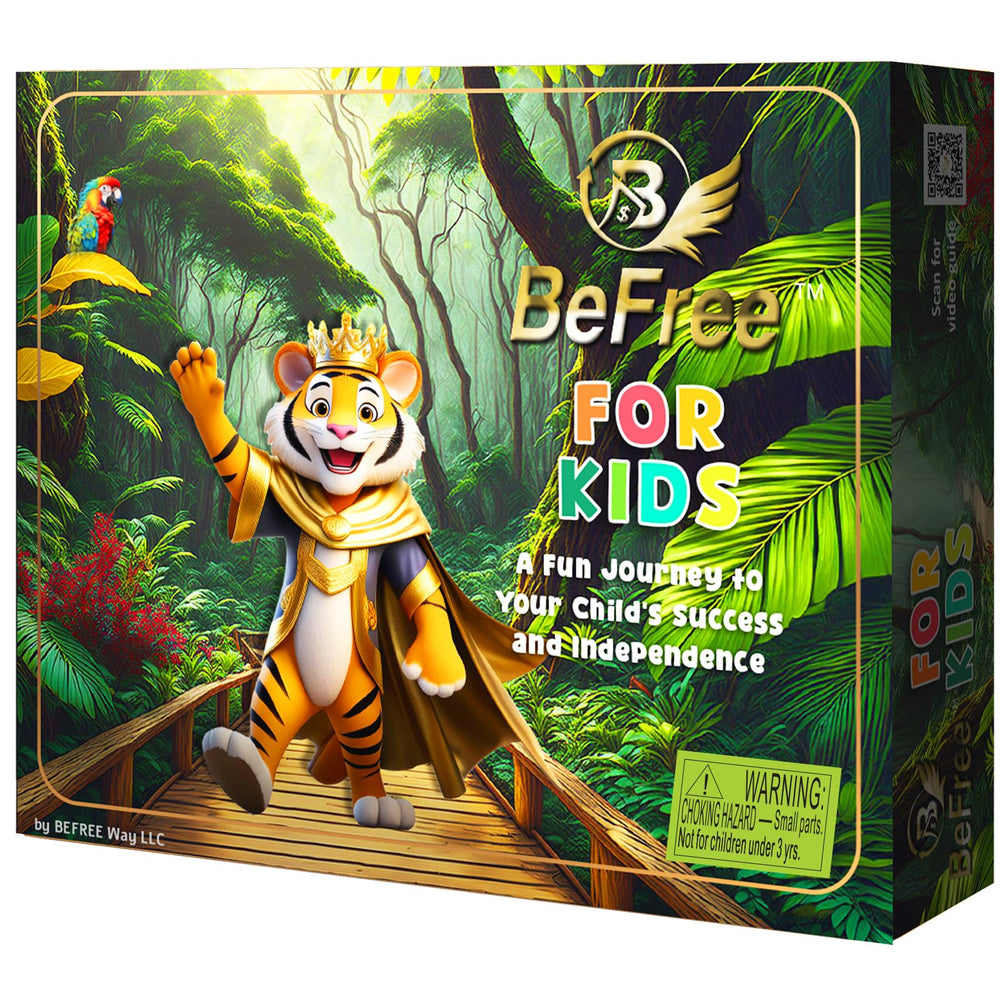 BeFree for Kids game components laid out for hands-on money skills