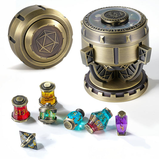 Beisaisi Alchemist's Metallic Elixir dice set front view for immersive tabletop gameplay