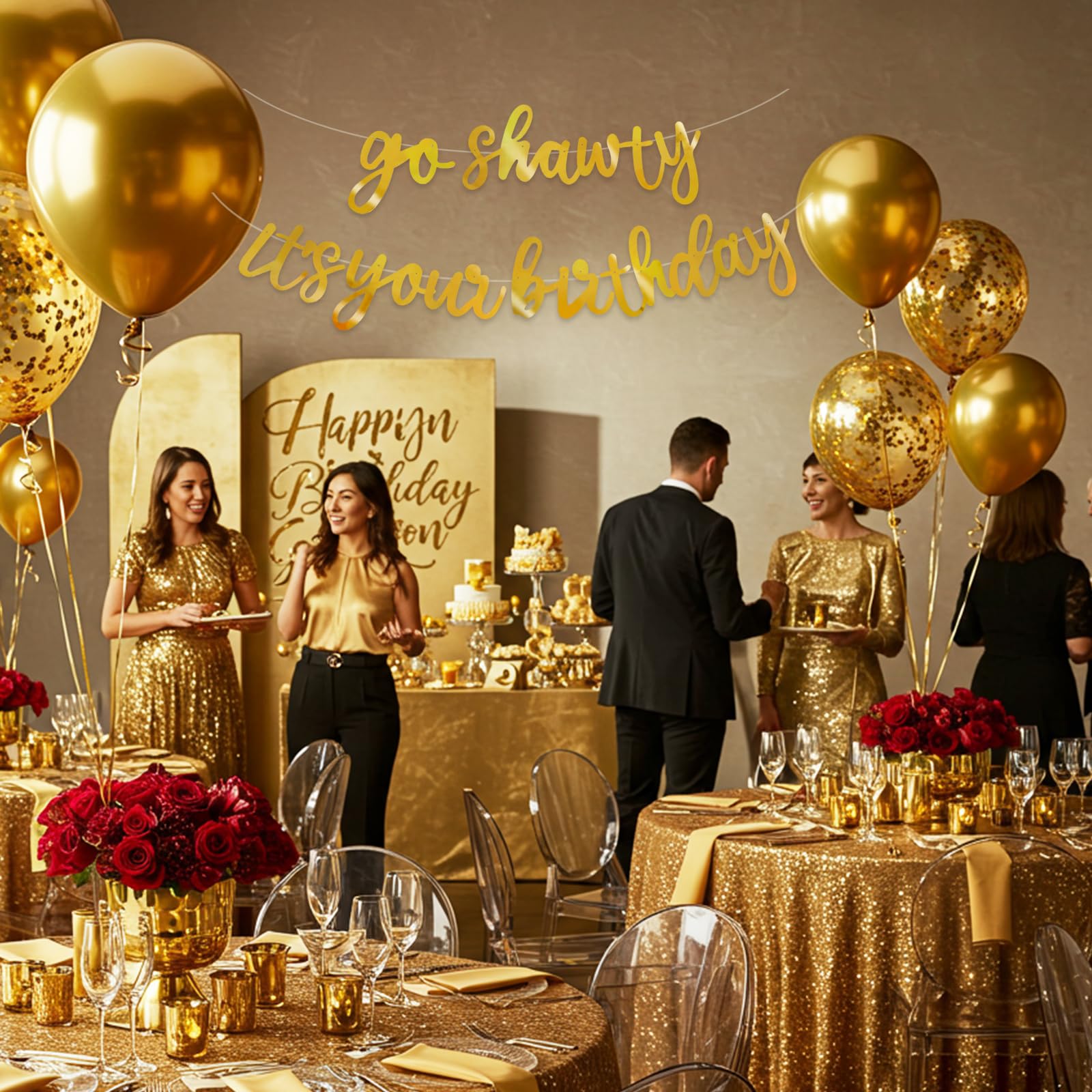 BEISHIDA birthday banner as photo backdrop on mantel or dessert table.