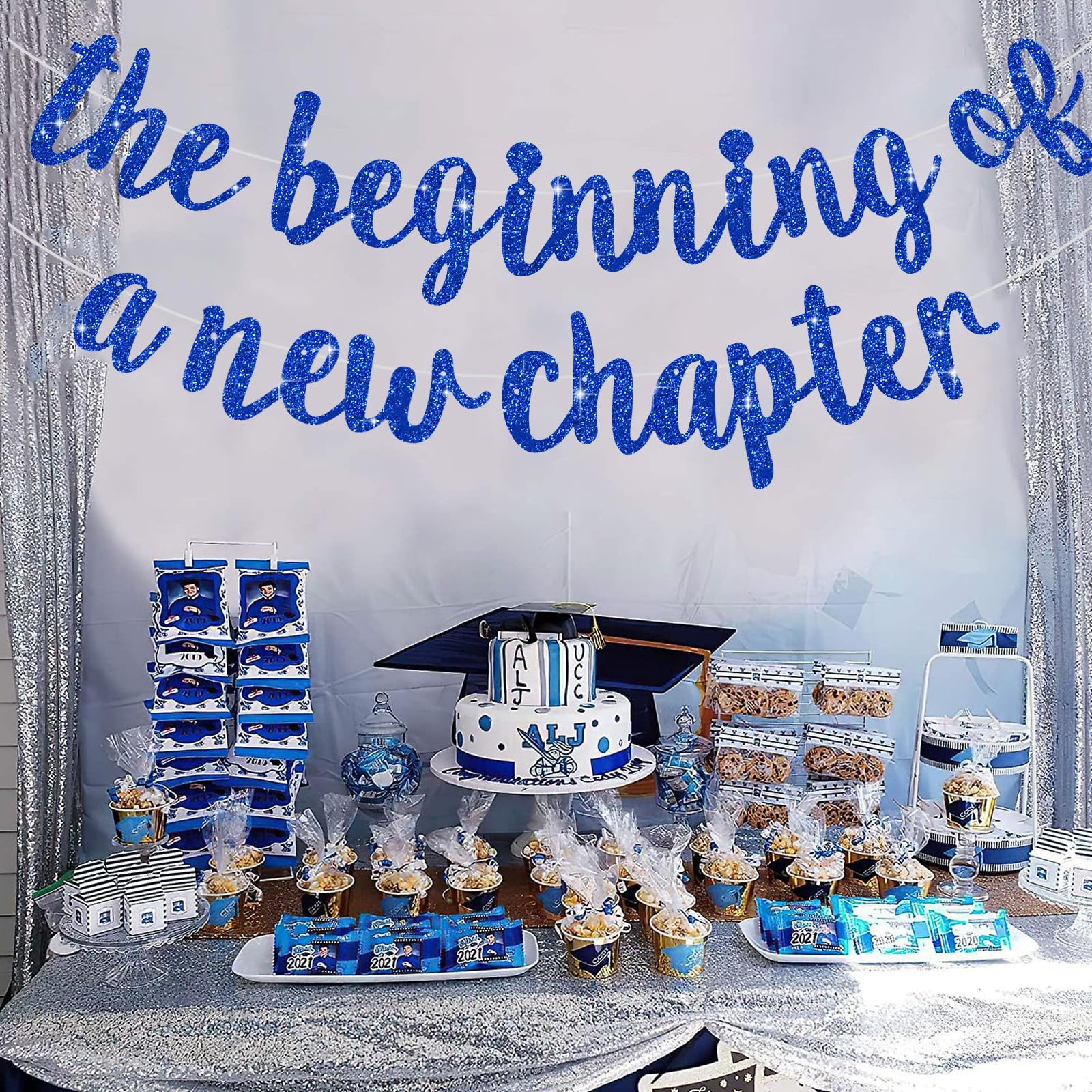BEISHIDA Glitter Blue banner hanging setup versatile for walls, ceilings.