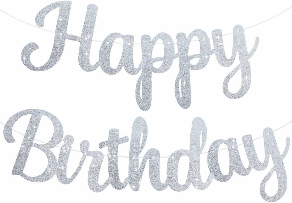 Beishida silver glitter birthday banner, pre-strung for effortless decorating.