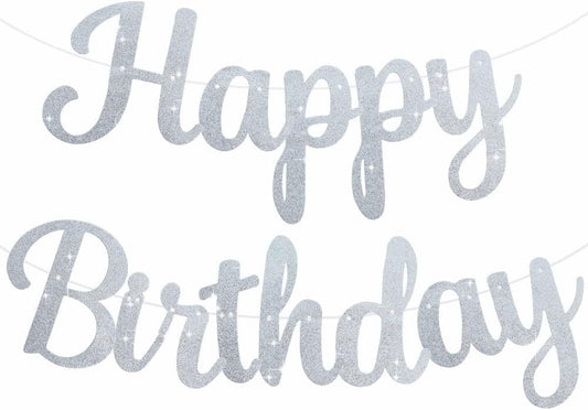 Beishida silver glitter birthday banner, pre-strung for effortless decorating.