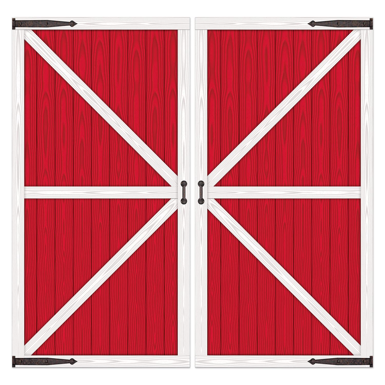Beistle Barn Door Props assembled, creating a rustic doorway backdrop for parties.