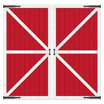 Beistle Barn Door Props assembled, creating a rustic doorway backdrop for parties.